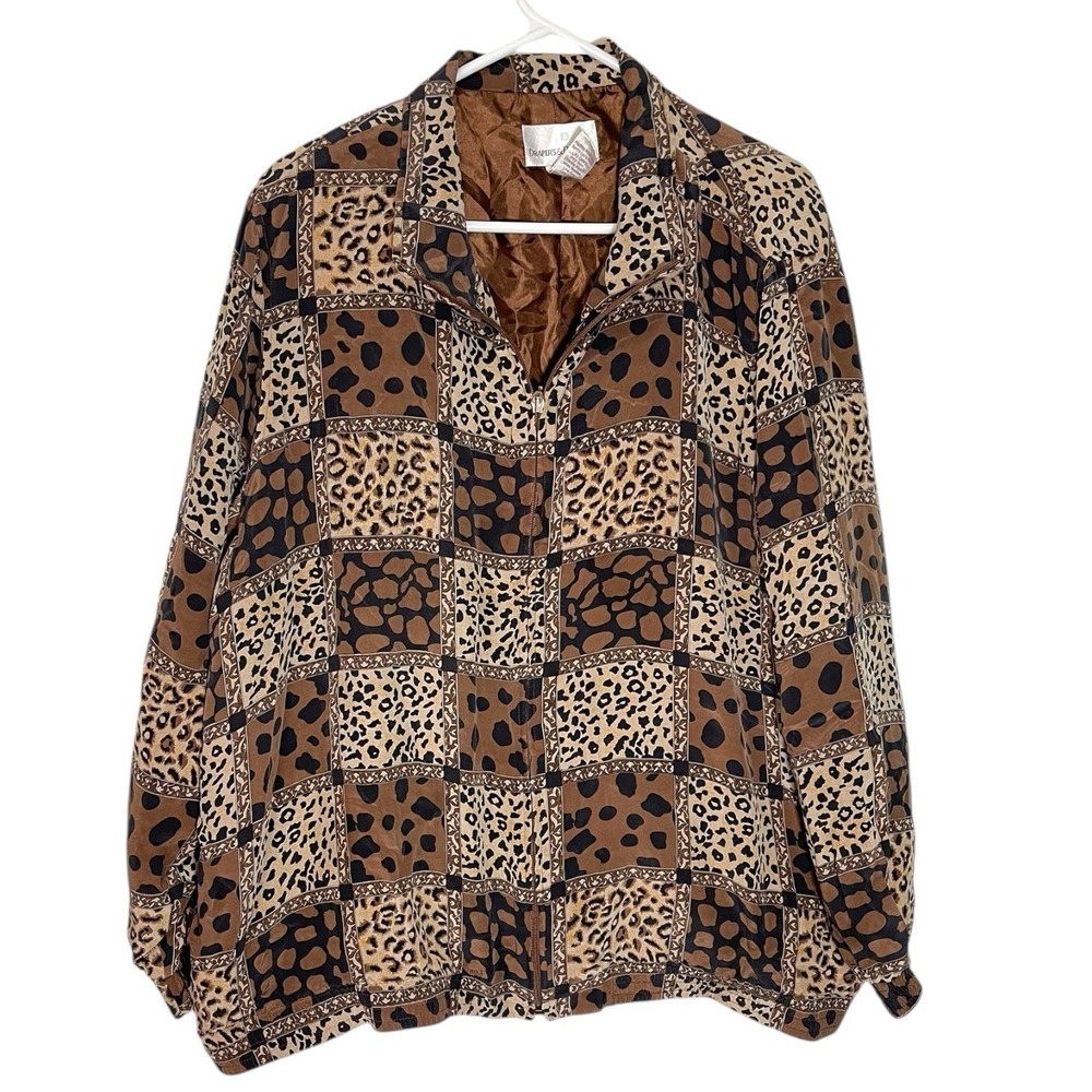 Draper's & Damons 2X Brown Silk Animal Print Patchwork Bomber Jacket Mob Wife‎